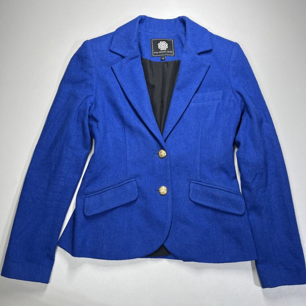 Two Penny Blue Wool Blend Blazer Jacket Womens 2 Blue Two Button Office Academia